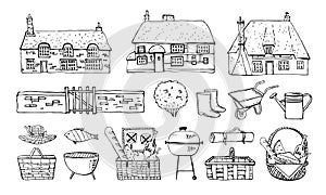 Old Europe coutryside houses, picnic goods and  garden tools. Vector sketch outline hand drawn illustration photo